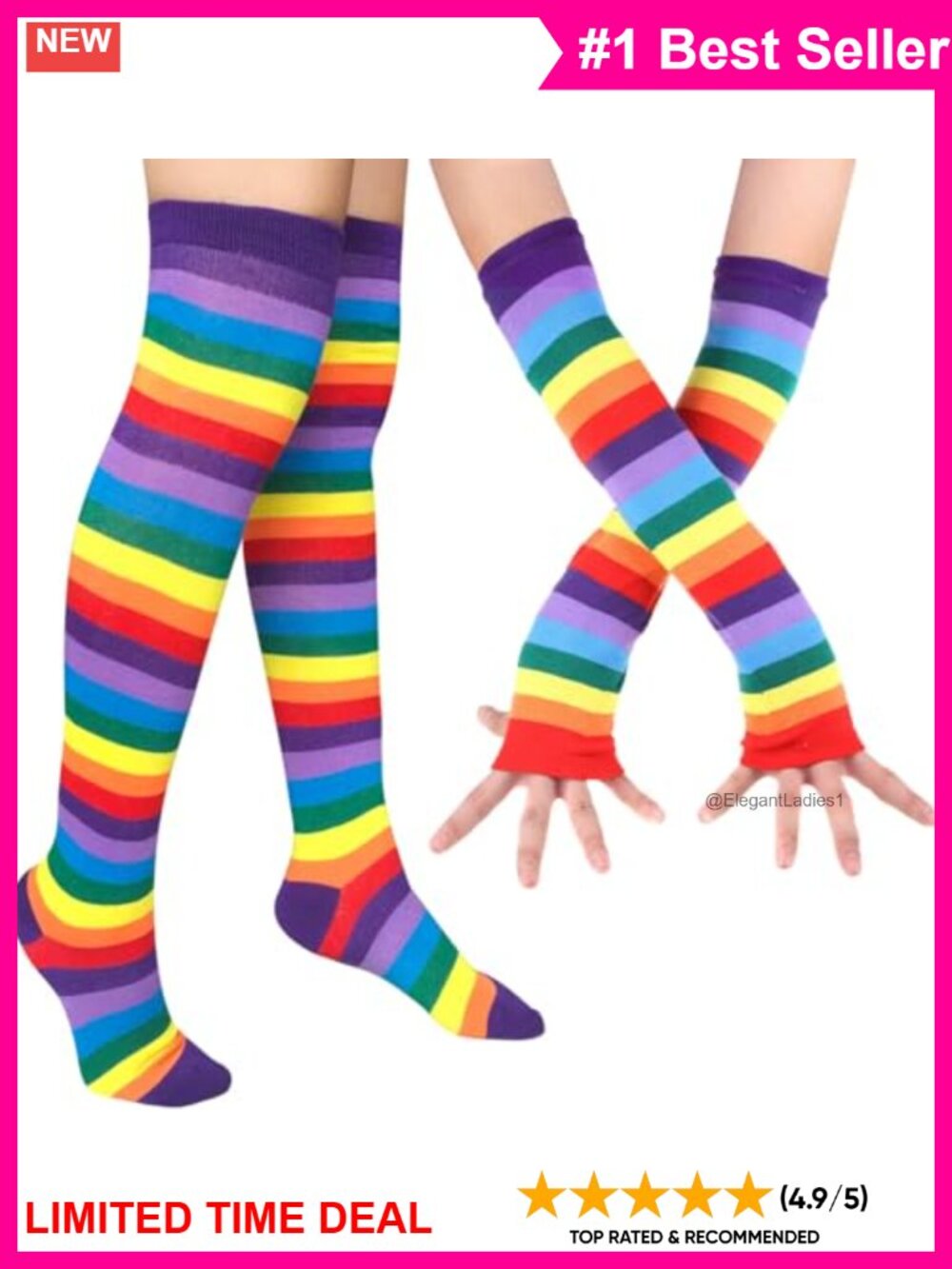 Rainbow Knee High Socks & Fingerless Arm Warmer Gloves Set Striped Knit